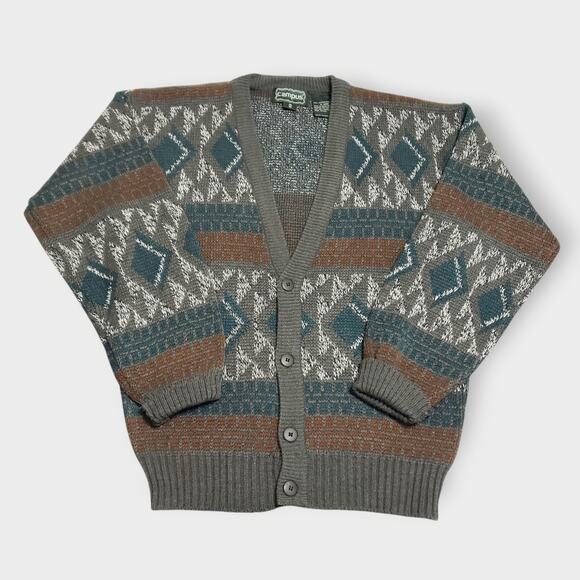 Vtg Campus Argyle Geo Pattern Cardigan Sz Medium Grandpa 90s Cosby Biggie Retro - Picture 1 of 11